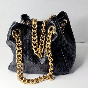 Sabin New York Genuine Leather Black Satin Lining Herringbone Gold Chain Handles